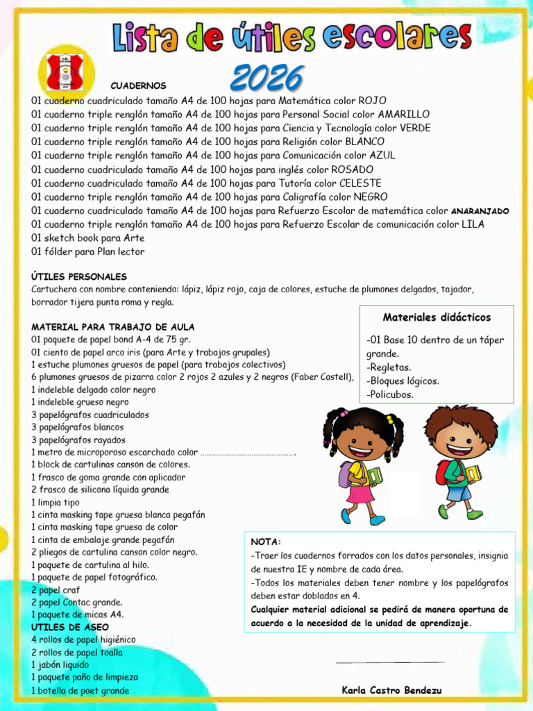 Lista de Útiles Segundo Grado B | PDF | Cuaderno
