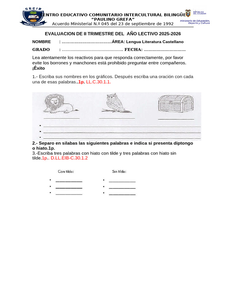 Evaluacion de Ii Trimestre Del Año Lectivo 2026 4to Grado | PDF