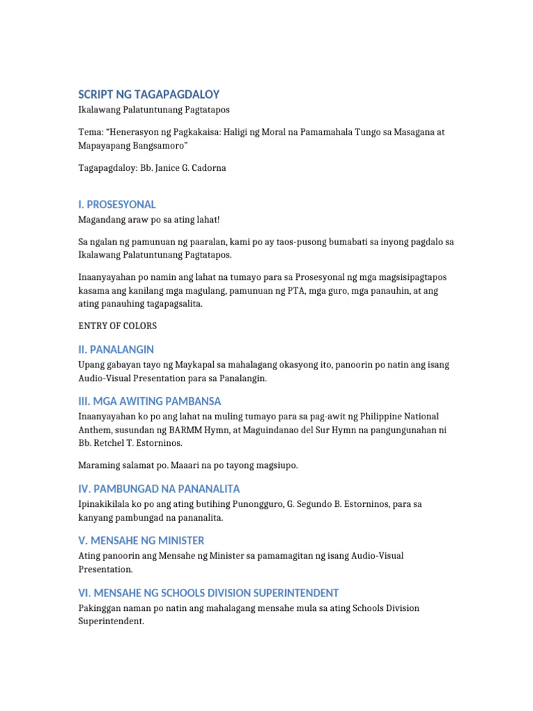Script Tagapagdaloy Graduation | PDF
