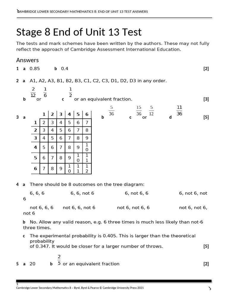 Stage 8 End of Unit 13 Test - Answers | PDF