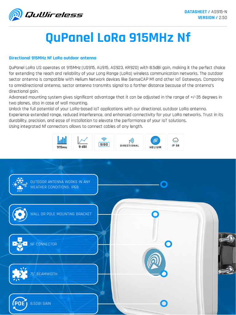 Datasheet QuPanel LoRa 915MHz NF AS915 N v2.50 | PDF | Antenna (Radio ...