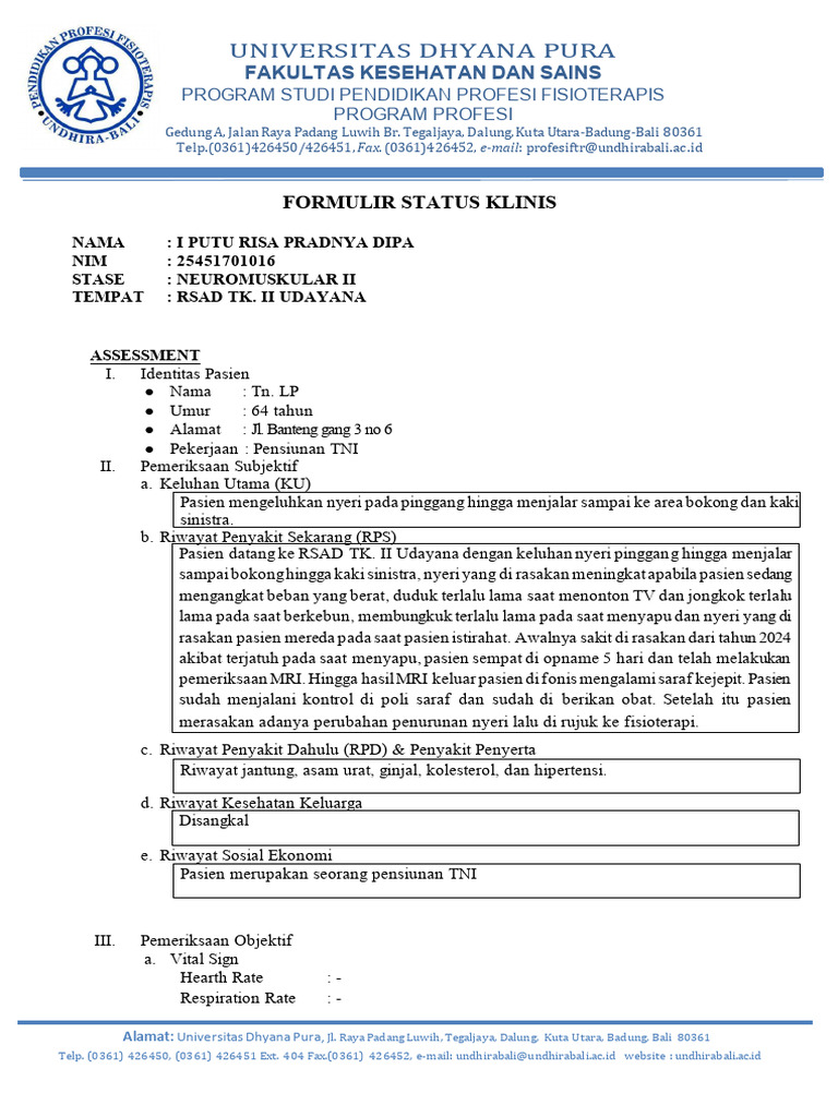Form Status Klinis HNP Lumbal Risa Salinan | PDF