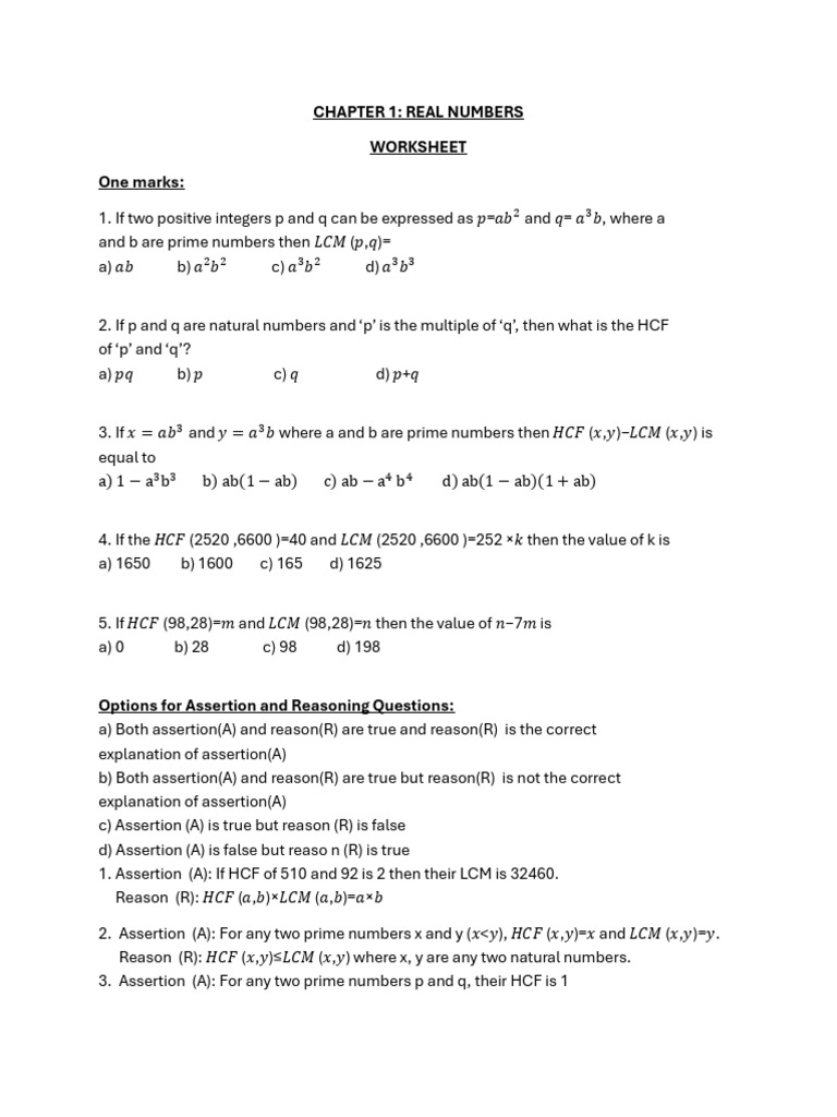 Maths Ch-1 Worksheet | PDF | Elementary Mathematics | Discrete Mathematics