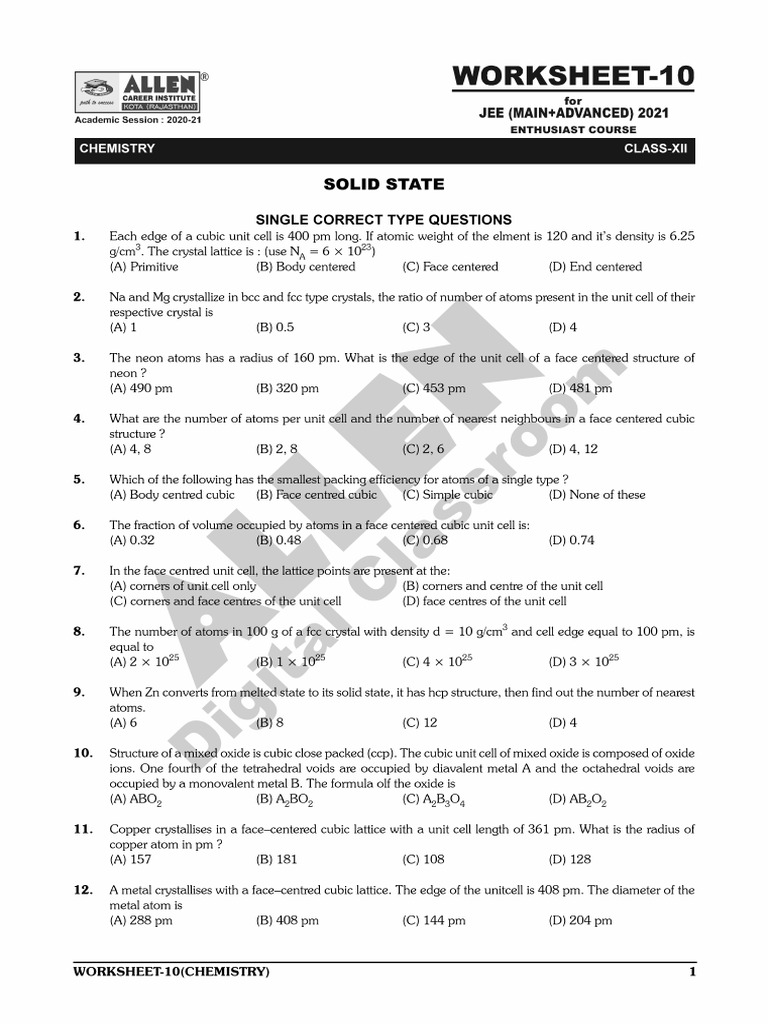 Solid State Worksheet - 10 - Paper | PDF