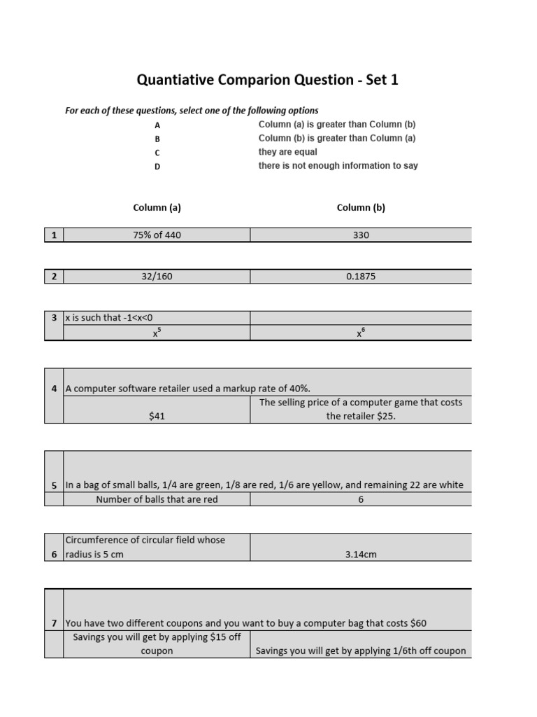 Quantiative Comparion Question - Set 1 | PDF