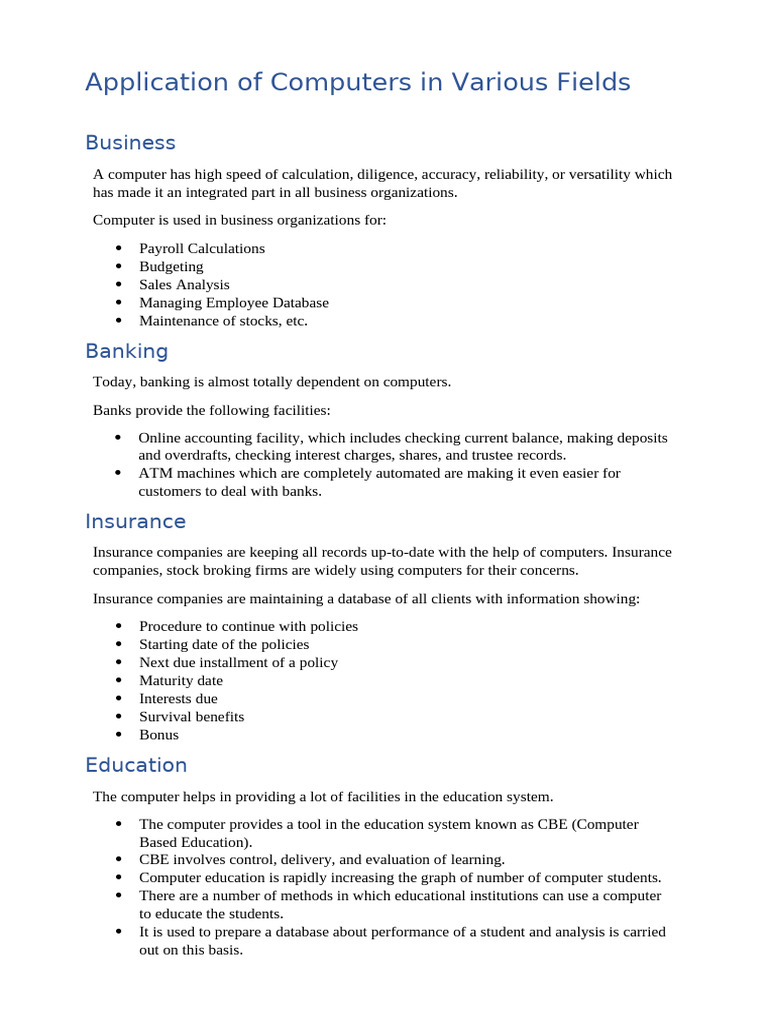 Application of Computers in Various Fields | PDF | Banks | Engineering
