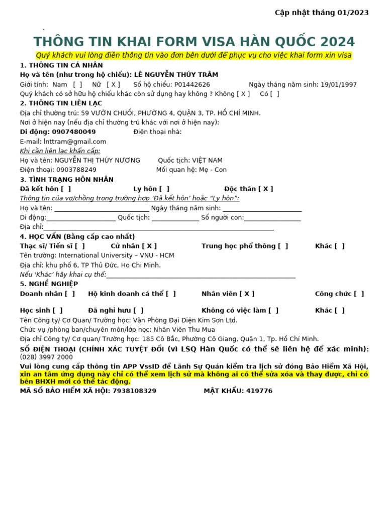 Form Khai Visa Han Quoc - Le Nguyen Thuy Tram | PDF