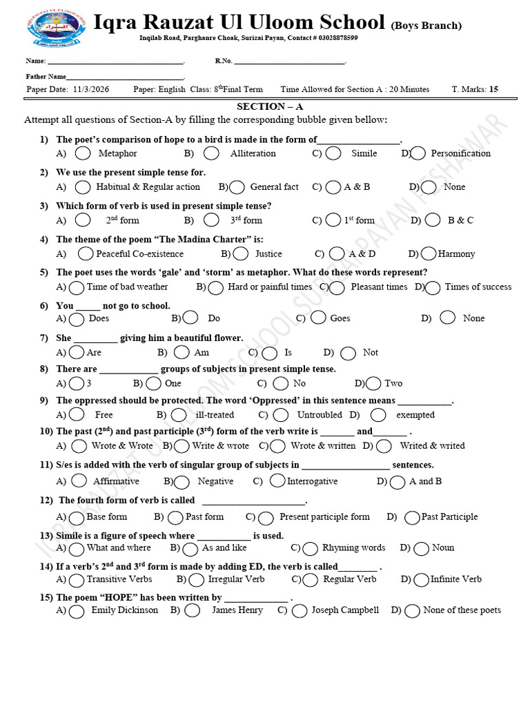 Class 8th English Boys (Section A) Final | PDF | Verb | Linguistic ...