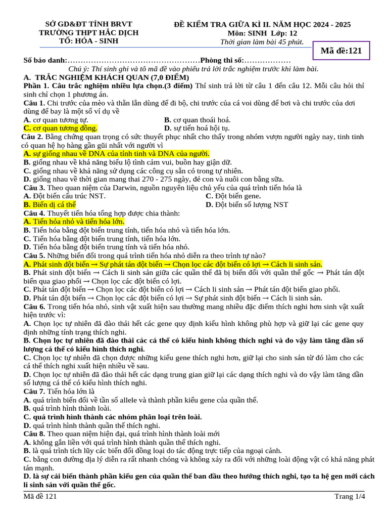 Giua Ki 2 - Sinh 12 - de Va HDC 121 | PDF