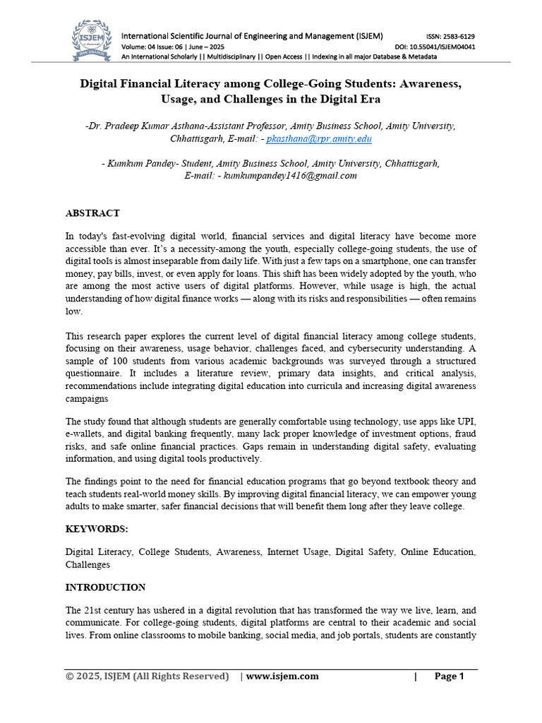 Digital Financial Literacy Among College Going Students Awareness Usage ...