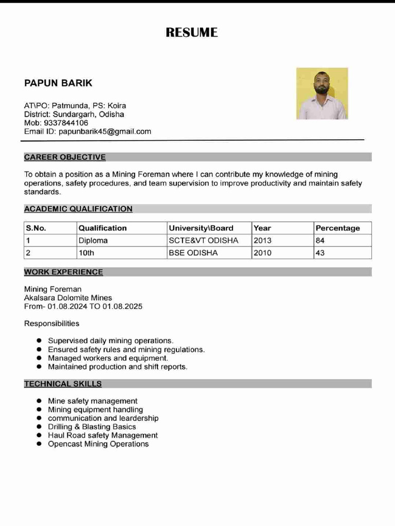 Papun Barik Foreman Application | PDF