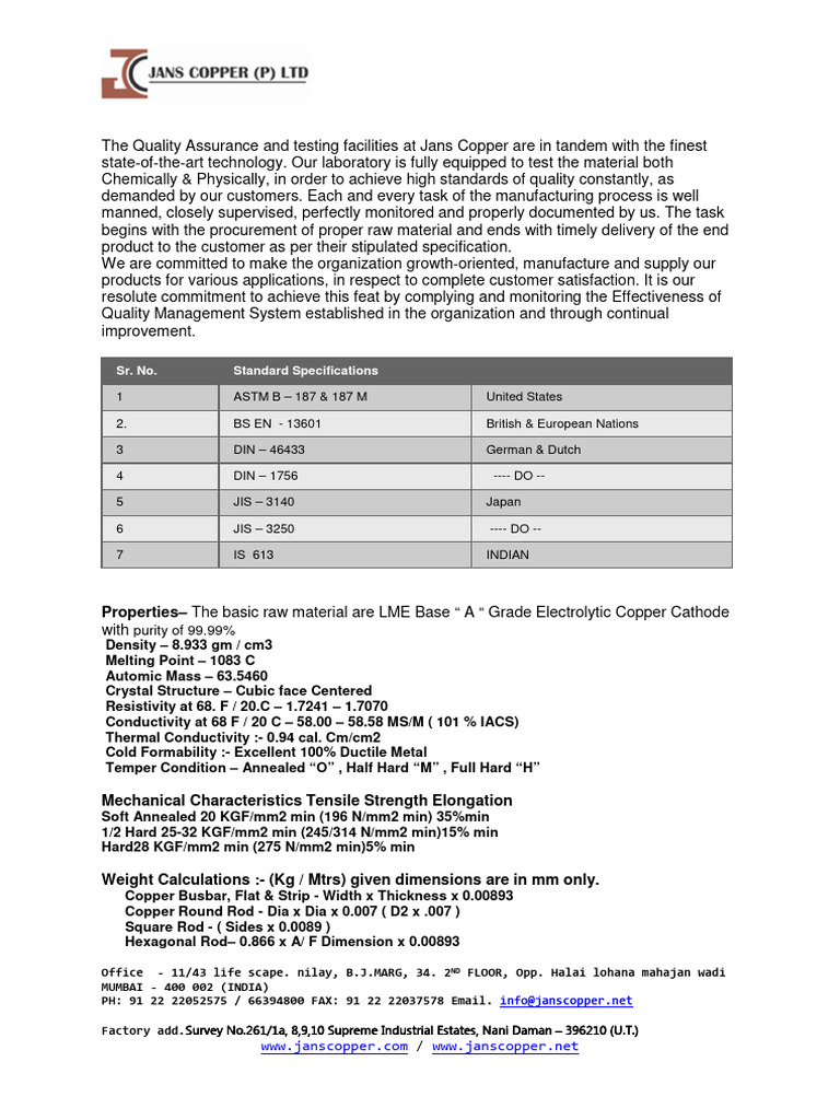 Data Sheet. | PDF | Copper | Electrical Resistivity And Conductivity