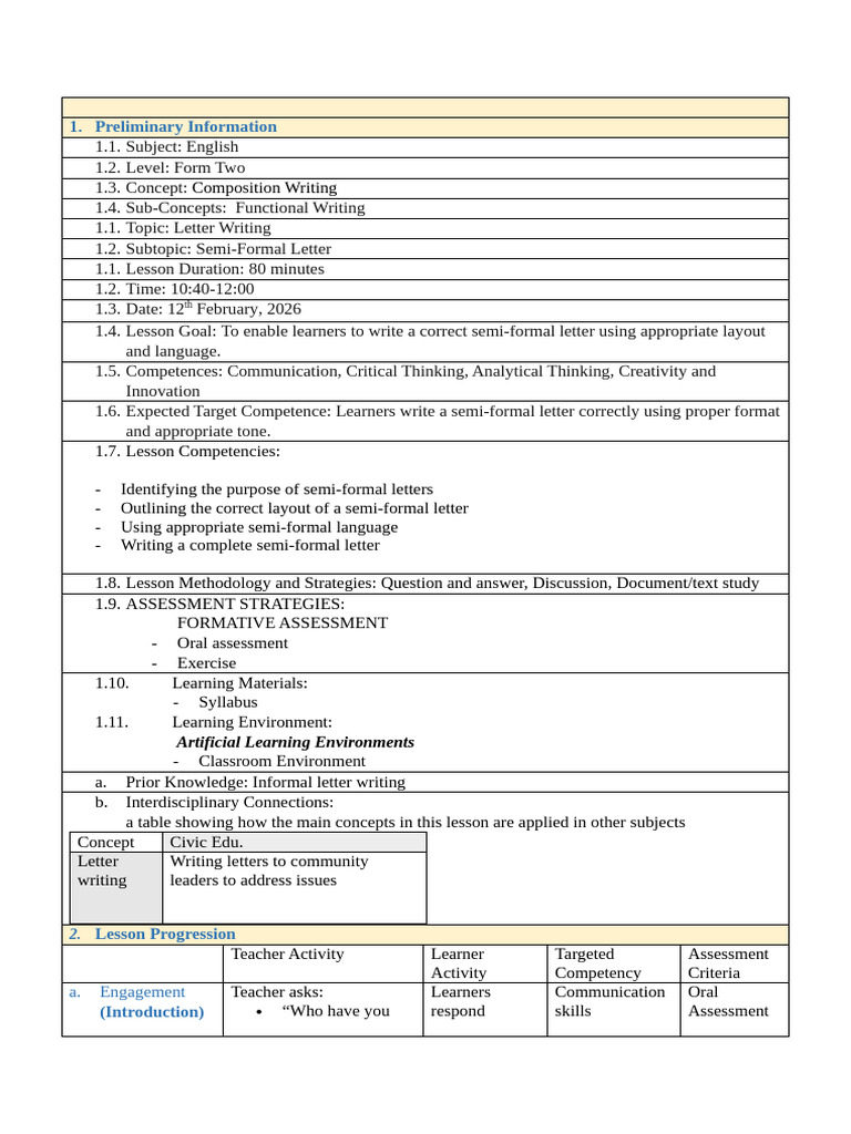 Lesson Plan Semi Formal Letter | PDF | Educational Assessment | Learning