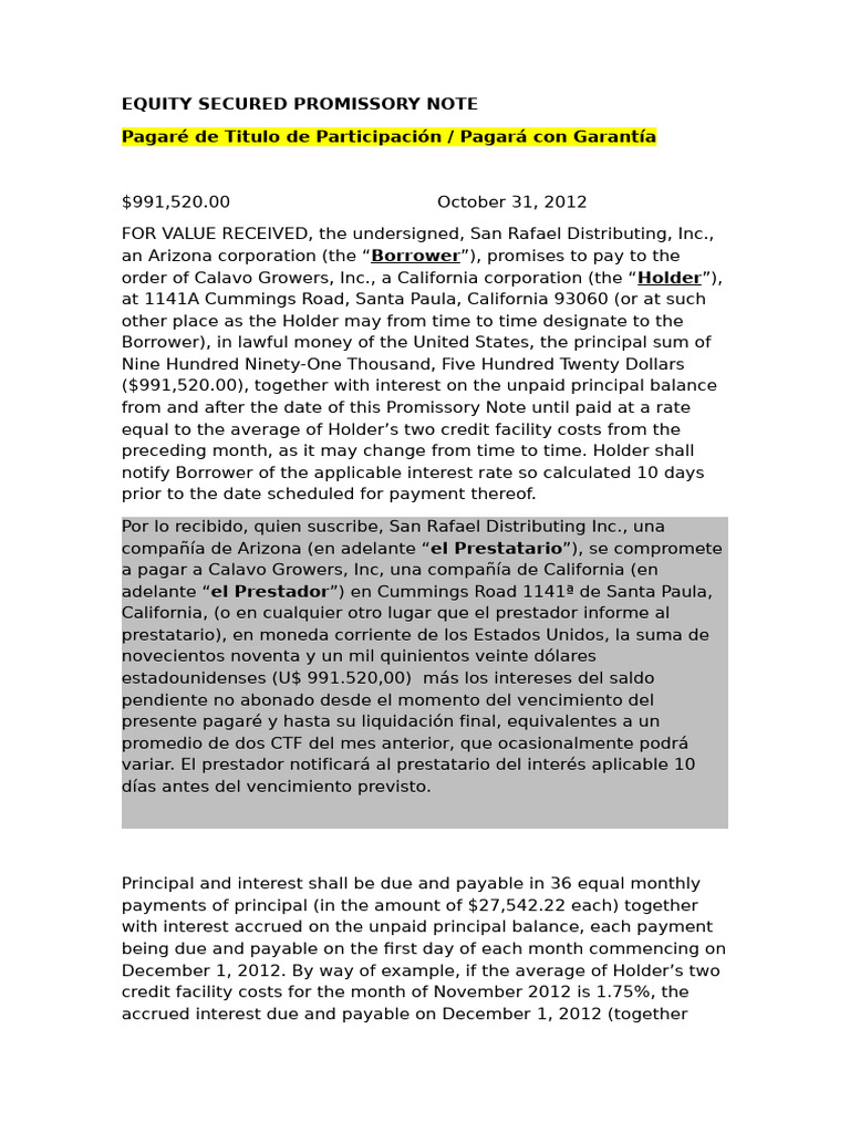 Equity Secured Promissory Note | PDF