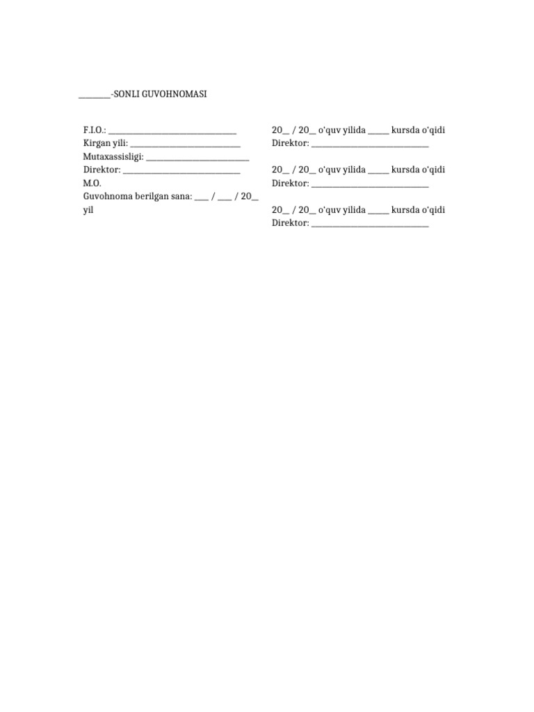 Guvohnoma Shablon | PDF