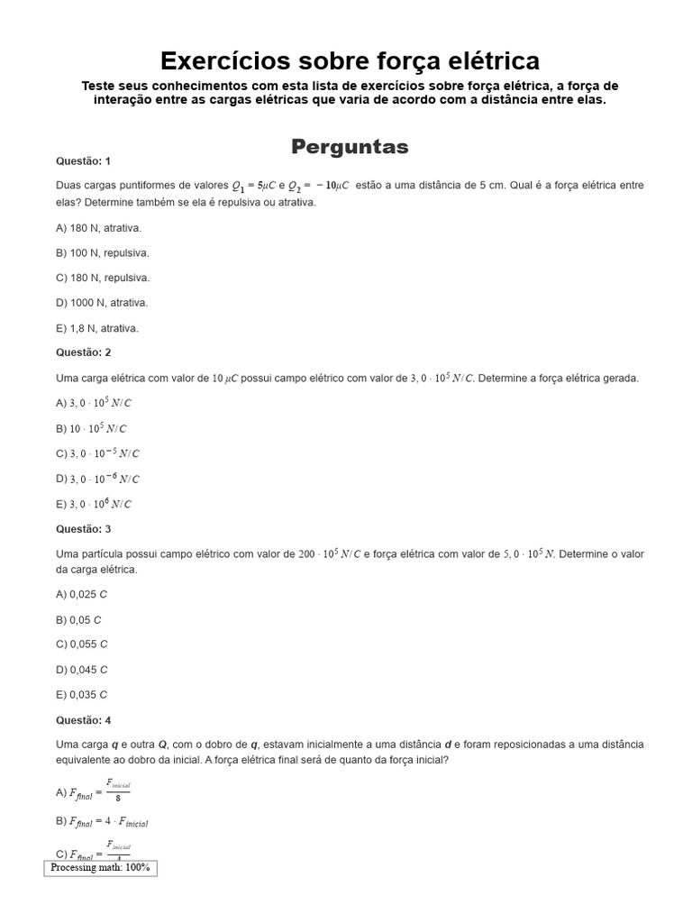 Exercícios Sobre Força Elétrica - Brasil Escola | PDF | Carga elétrica ...