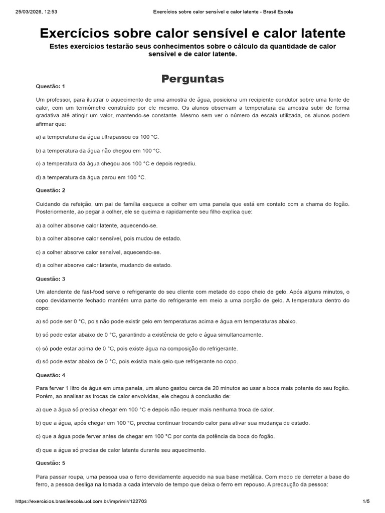 Exercícios Sobre Calor Sensível e Calor Latente - Brasil Escola | PDF ...