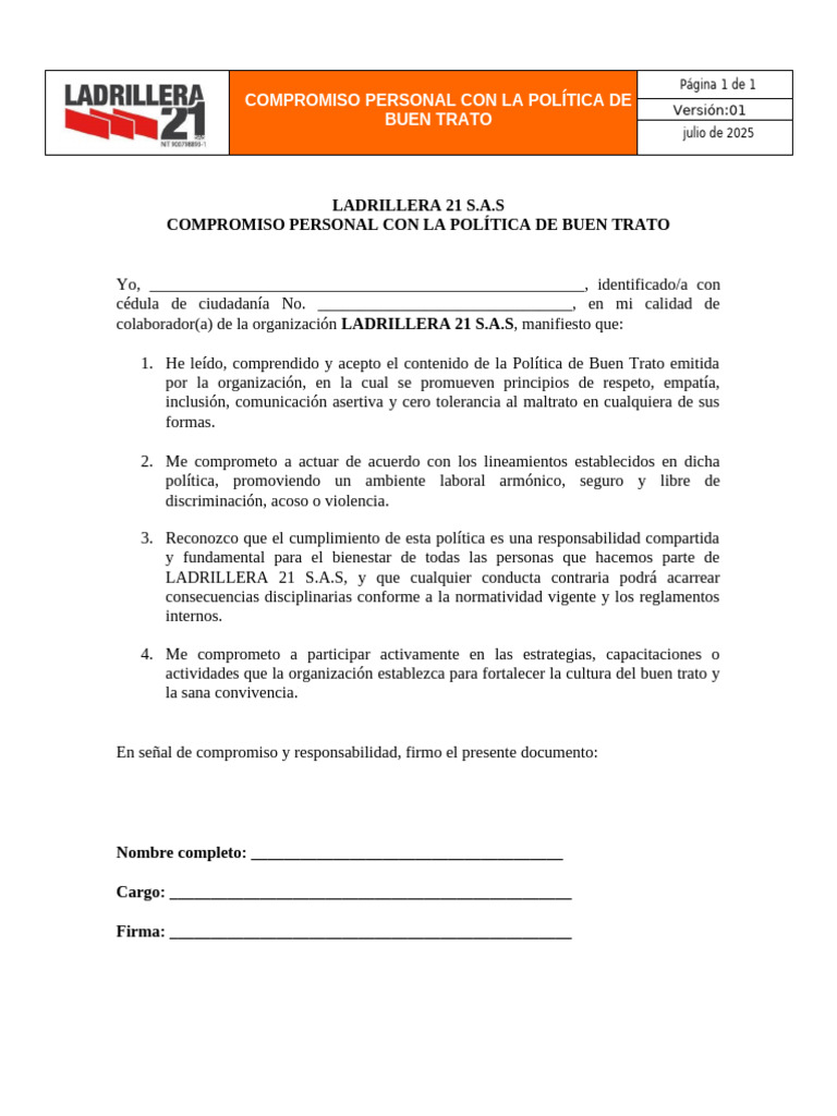 Compromiso Personal Con La Política de Buen Trato | PDF