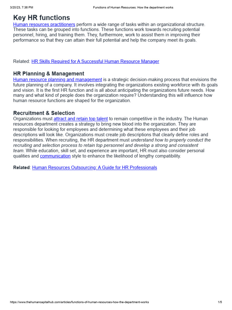 Functions of Human Resources - How The Department Works | PDF