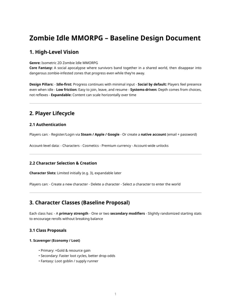 Zombie Idle Mmorpg - Baseline Design Document | PDF