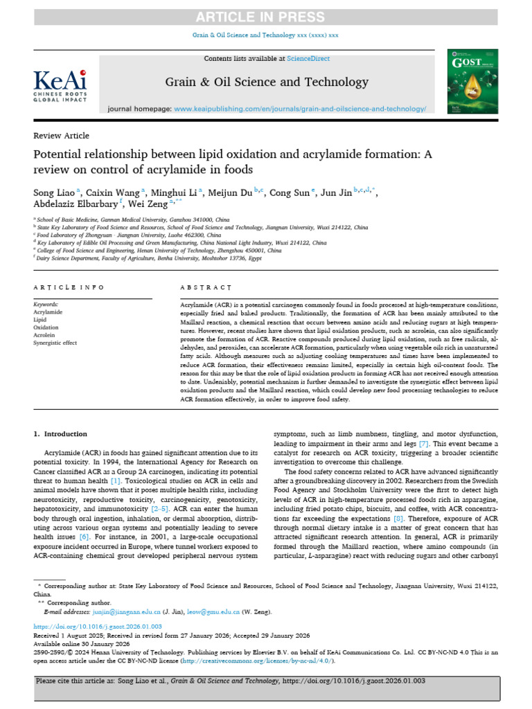 Potential Relationship Between Lipid Oxidation and Acrylamide Formation ...