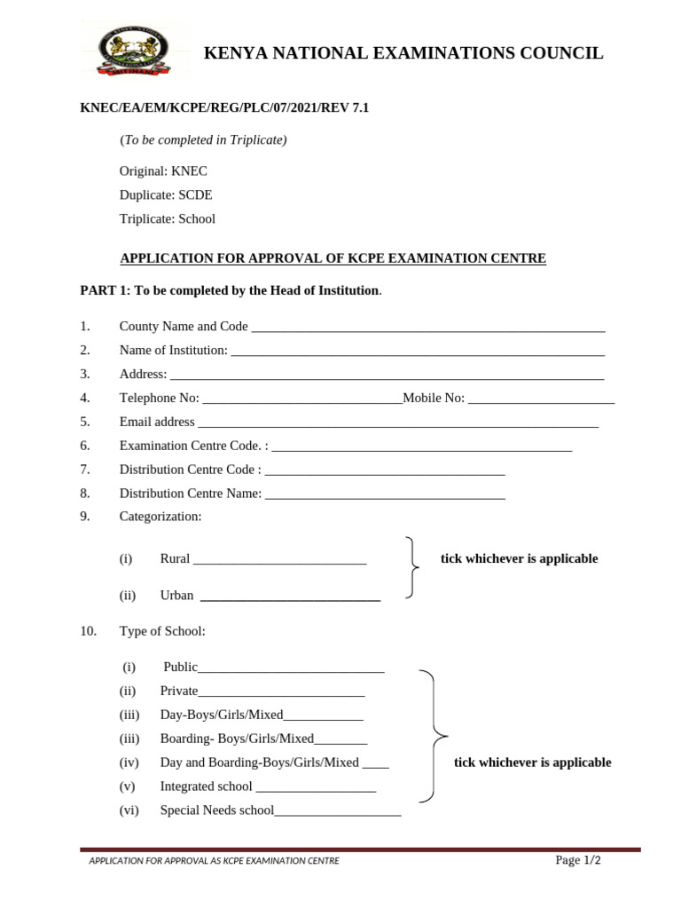 2021 - Application Form For KCPE Examination Centre | PDF