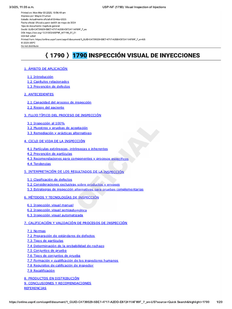 USP-NF 1790 Visual Inspection of Injections | PDF