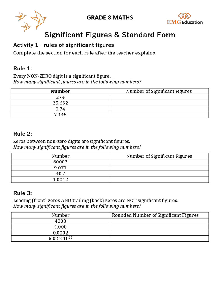 G8-W5. Standard Form Significant Figures WS | PDF