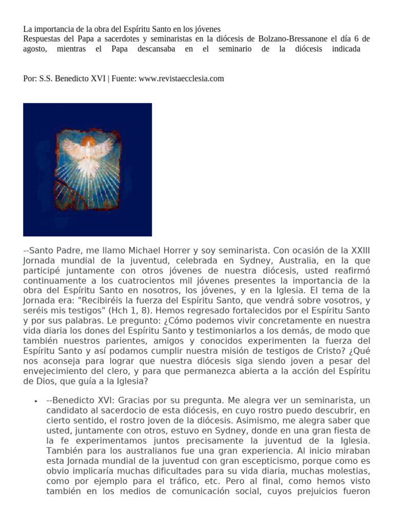 La Importancia de La Obra Del Espíritu Santo en Los Jóvenes | PDF ...