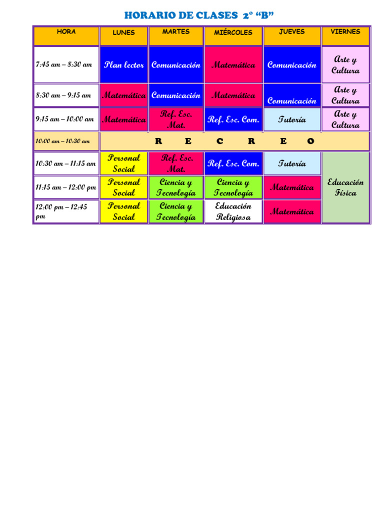 Horario Escolar Segundo Grado de Primaria JCM Listo........... | PDF