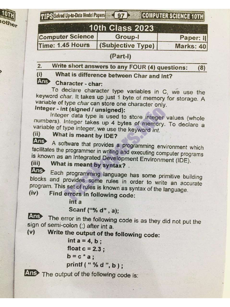 10th Class Computer Past Paper 2023 First Group Subjective | PDF