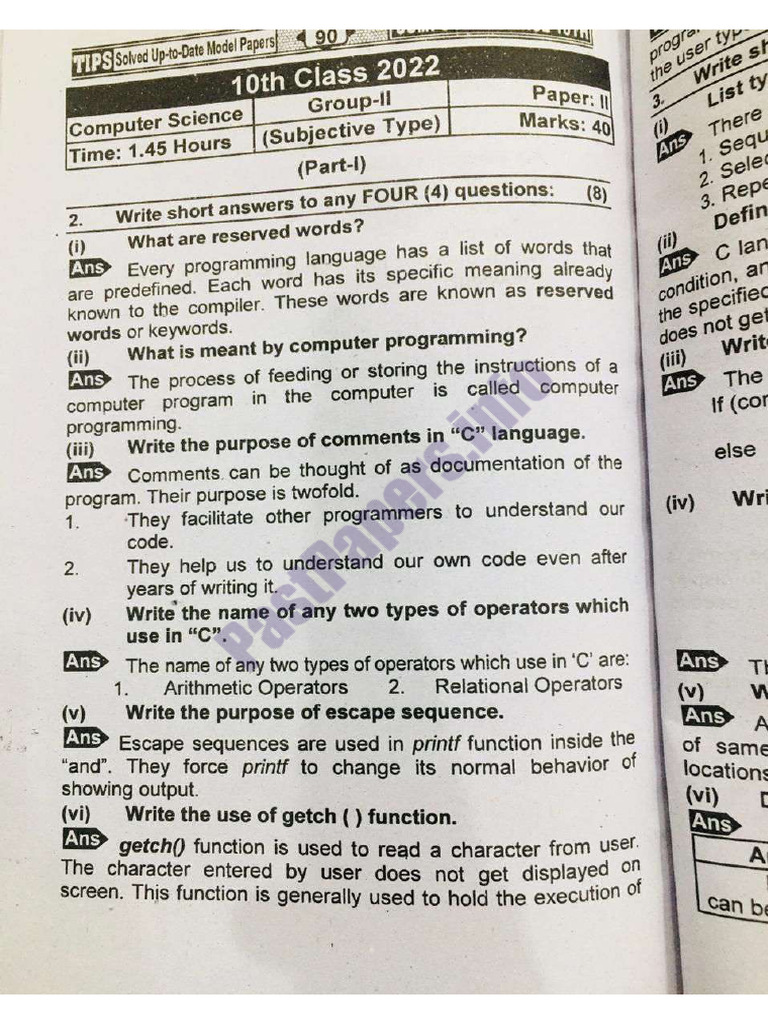 10th Class Computer Past Paper 2022 Second Group Subjective | PDF
