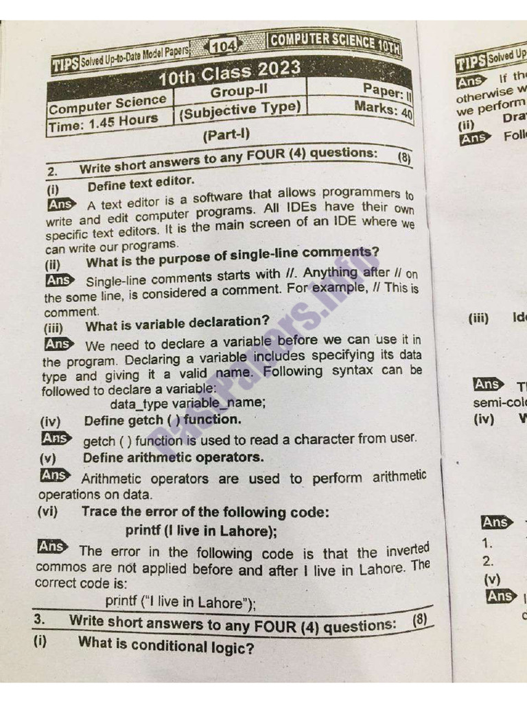 10th Class Computer Past Paper 2023 Second Group Subjective | PDF
