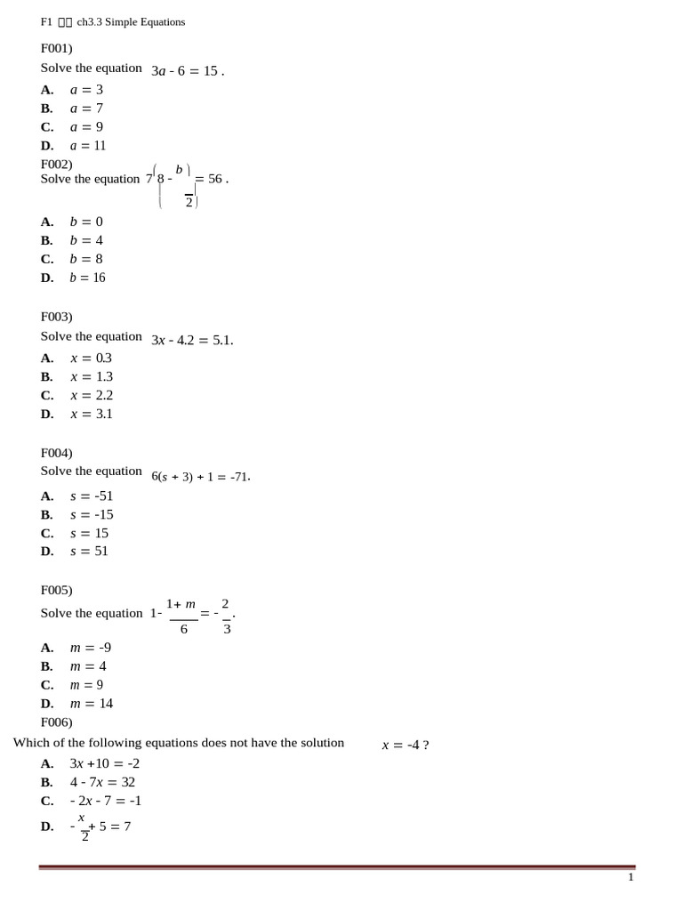F1 數學 Ch3.3 Simple Equations | PDF | Equations | Mathematics