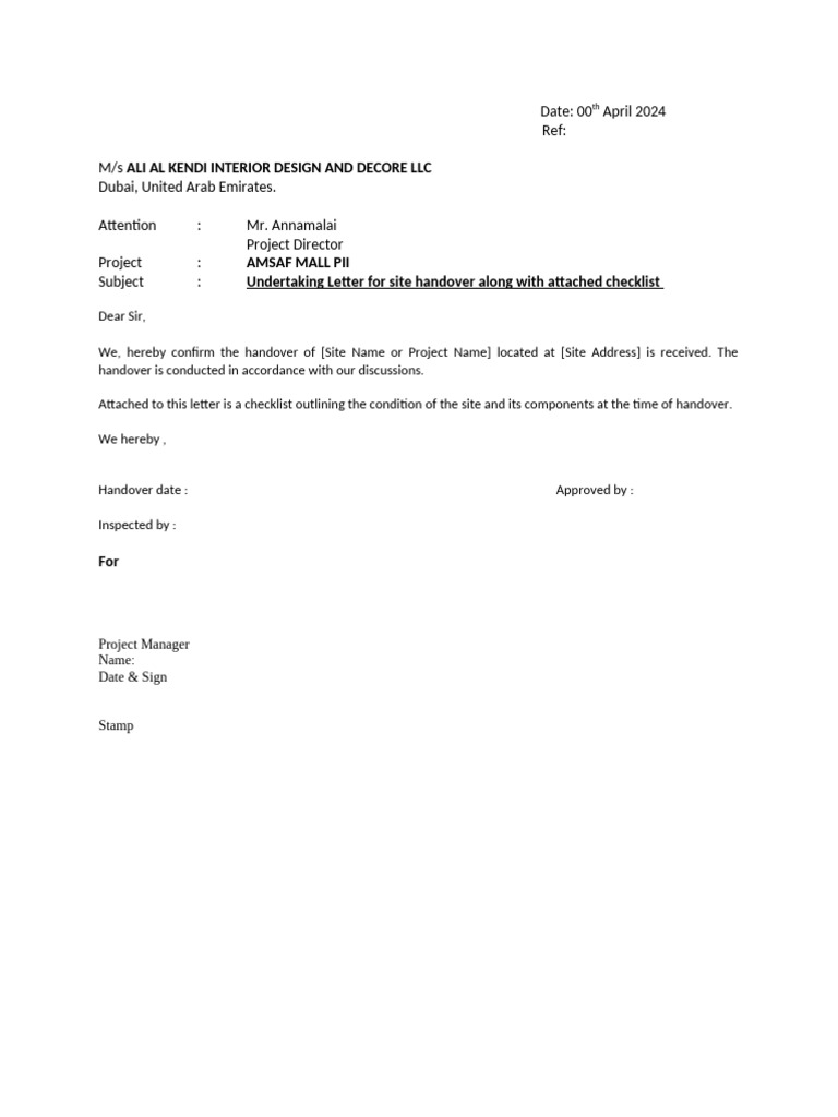 Undertaking Letter For Site Handover Along With Attached Checklist | PDF