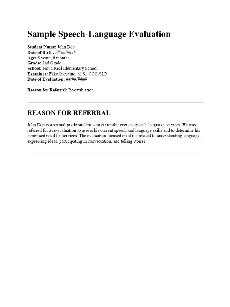 Sample School-Based SLP Evaluation For Fictional Student | PDF | Speech ...