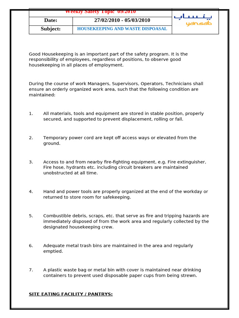 Safety Topic 09 - Good Housekeeping and Waste Disposal | PDF