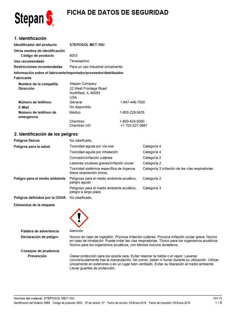 Steposol Met 10u Stepan | PDF | Residuos | Toxicidad
