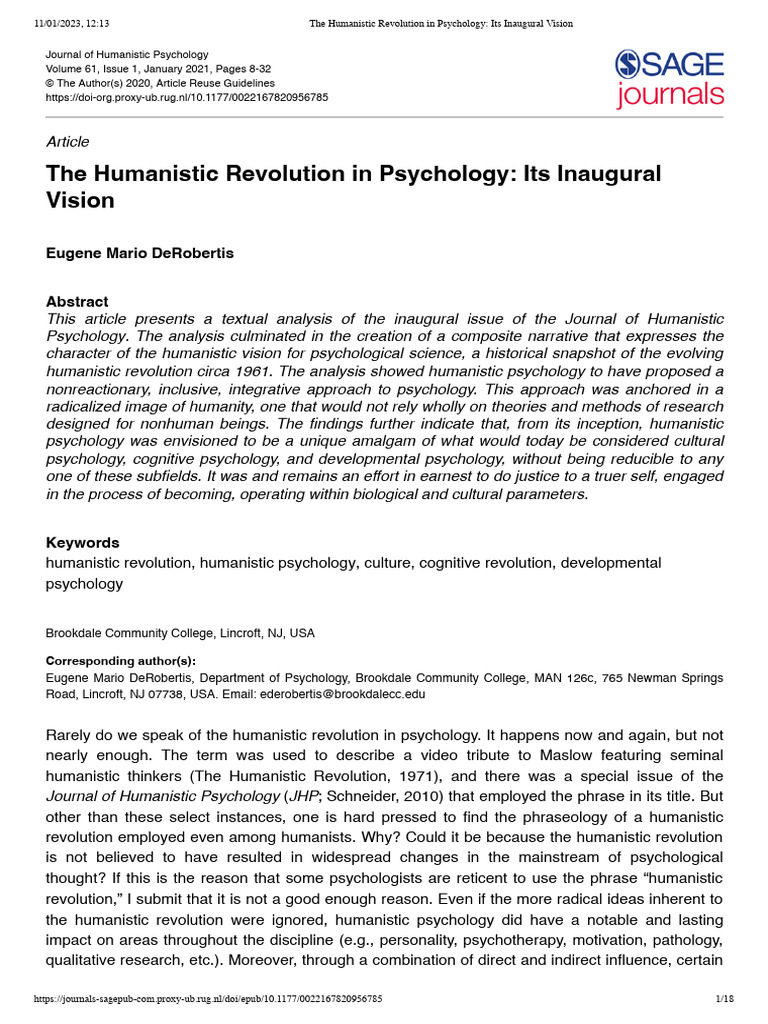 The Humanistic Revolution in Psychology - DeRobertis | PDF