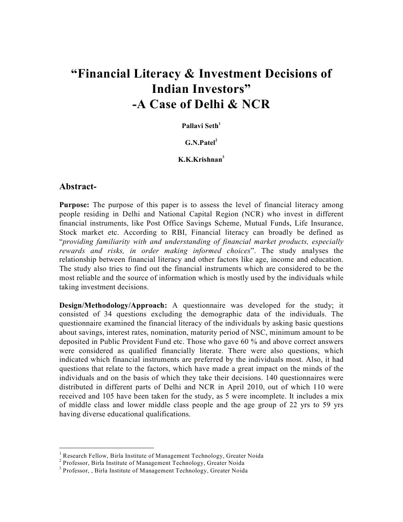 Financial Literacy & Investment Decisions of Indian Investors PDF