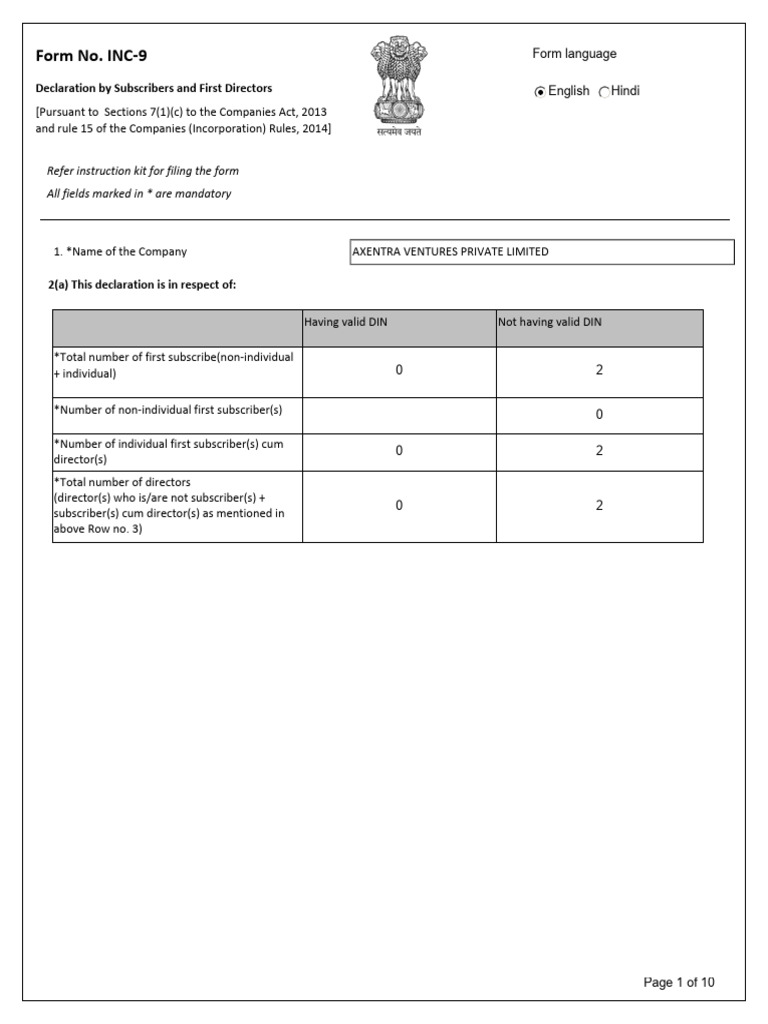 Form No. INC-9: Refer Instruction Kit For Filing The Form All Fields ...