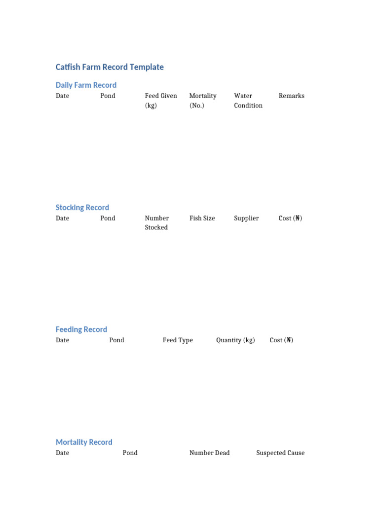 Catfish Farm Record Template | PDF