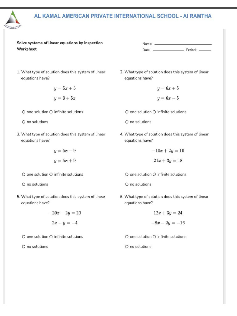 Solve Systems of Linear Equations by Inspection Worksheet | PDF