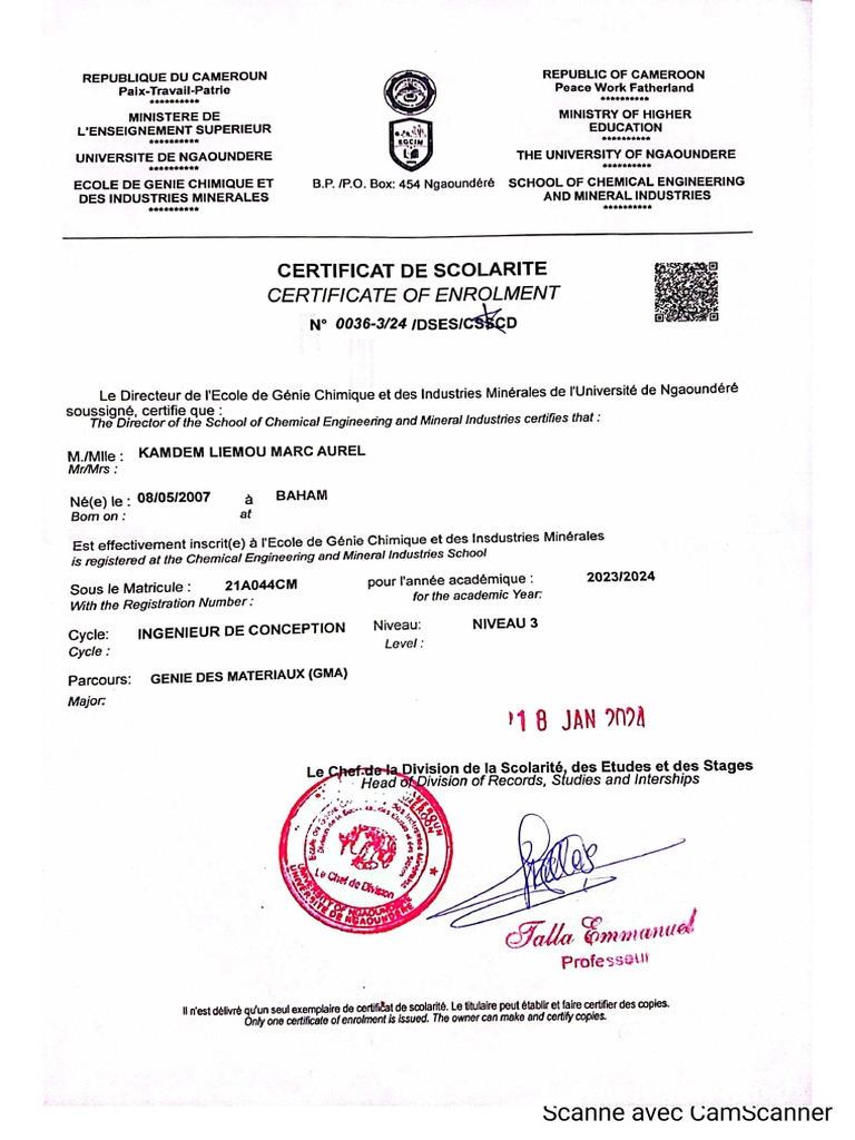 Certificat de Scolarite | PDF