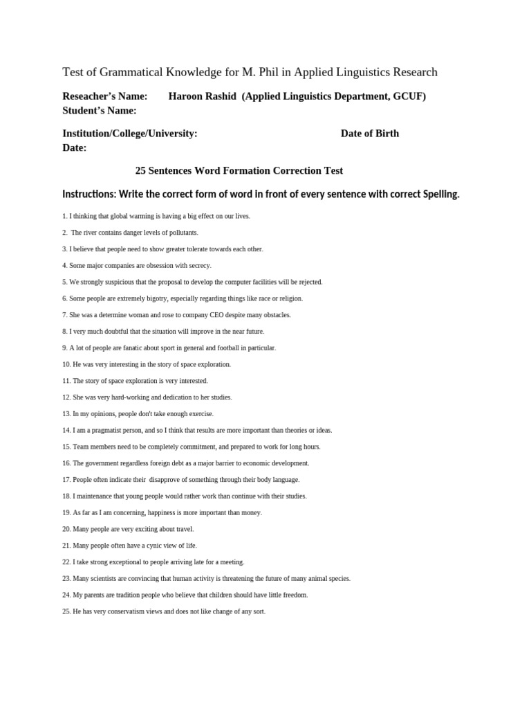 Word FORMATION TEST (25 Sentences) by Haroon Rashid | PDF