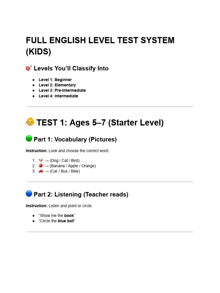 Full English Level Test System (Kids) | PDF