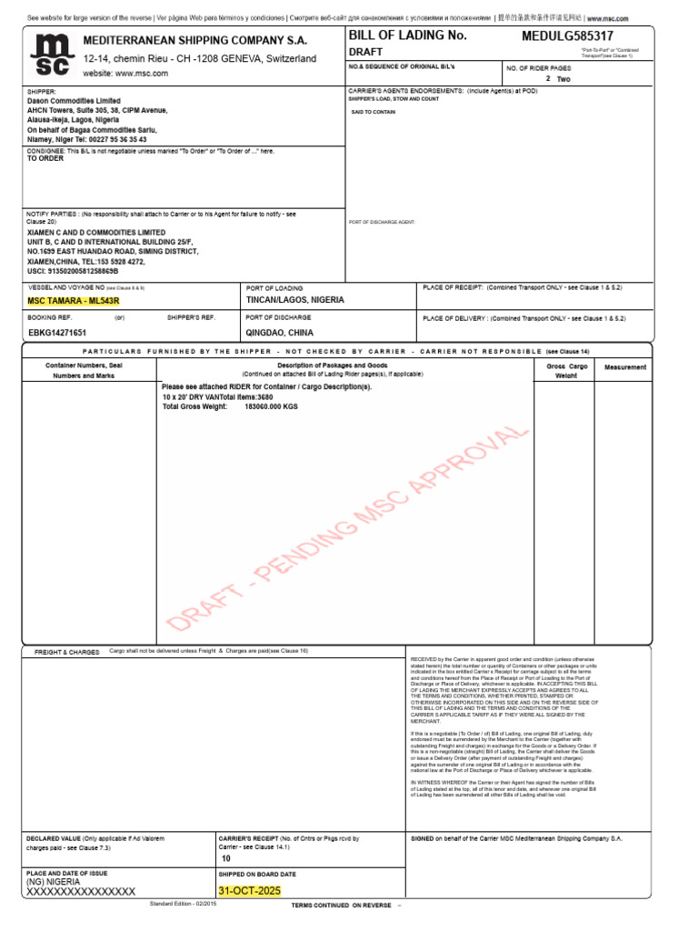 Please See Attached RIDER For Containe | PDF