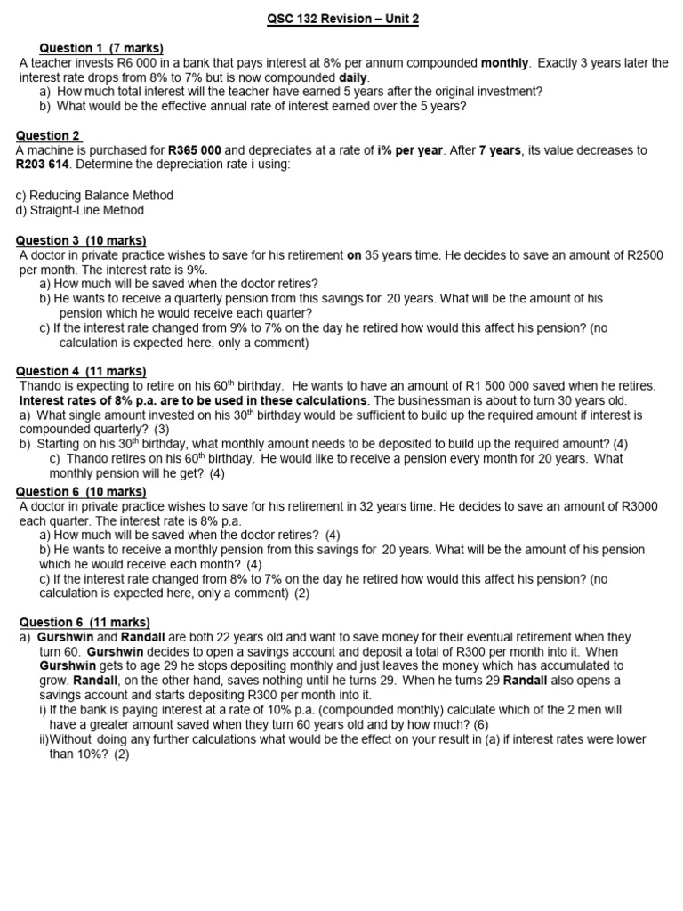 Unit 2 Exam Type of Question Memo Updated | PDF | Interest | Retirement