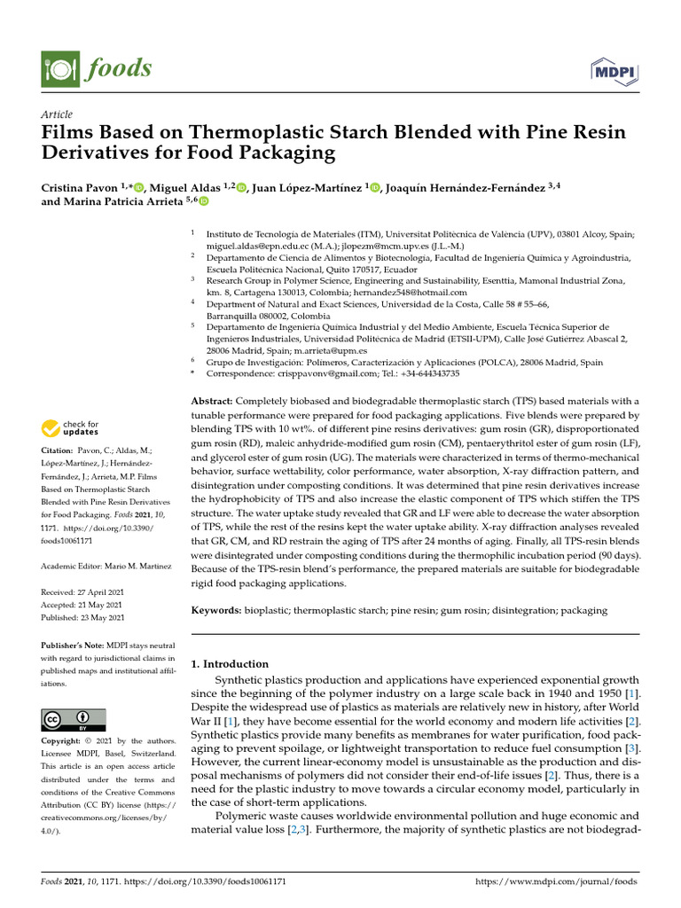 Films Based On Thermoplastic Starch Blended With Pine Resin Derivatives ...