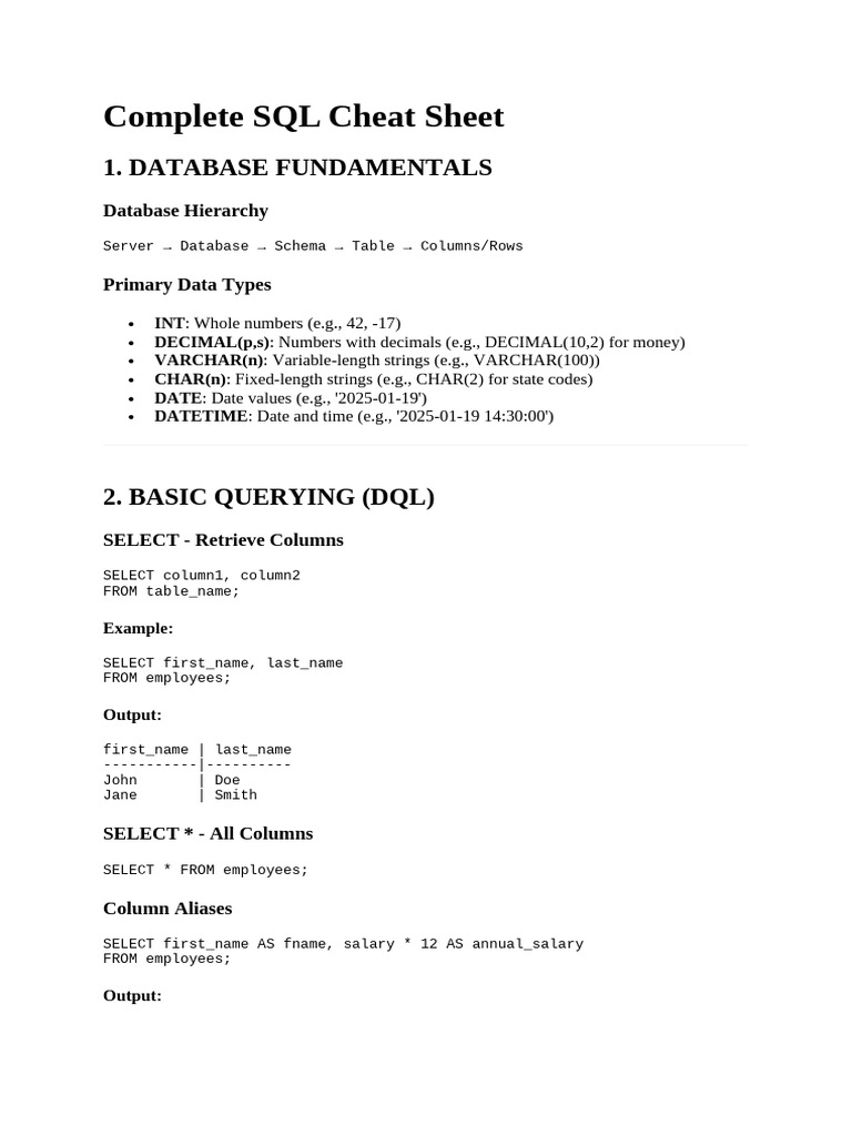 Complete SQL Cheat Sheet | PDF